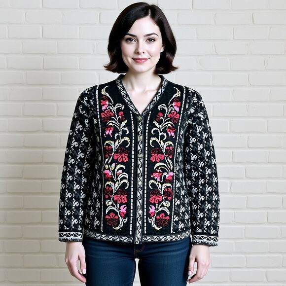 Vintage Chessy Lewis Wool Black Pink Floral Cardigan Sweater Plus Size 2X XXL - Picture 1 of 8